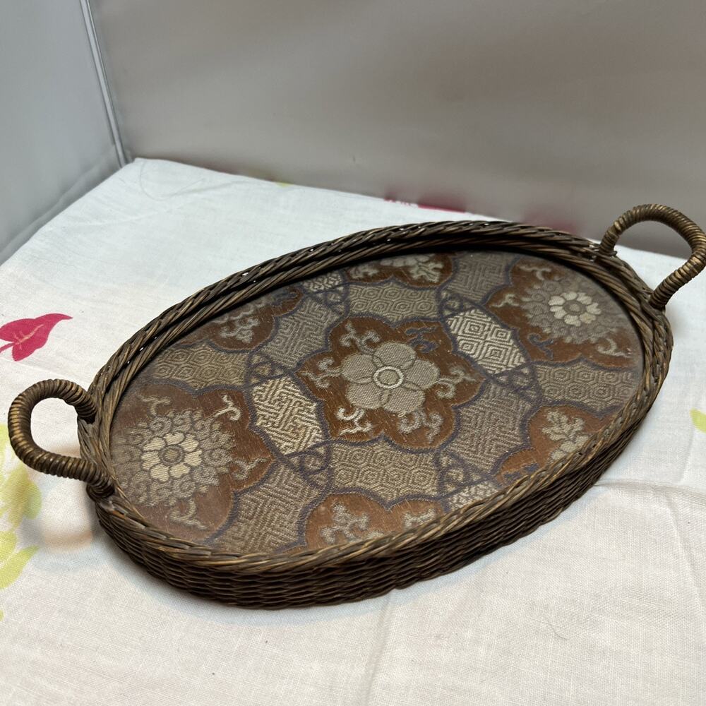 Vintage Rattan Wicker Serving Tray Woven Fabric Between Glass Display Vanity